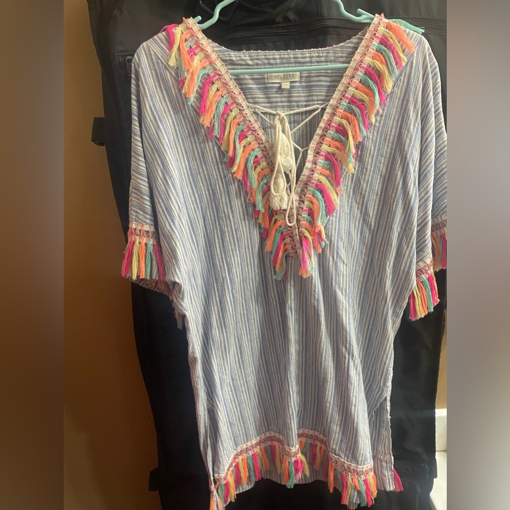 Velzera Light Blue Striped Tassel V-Neck Dress Cover-Up